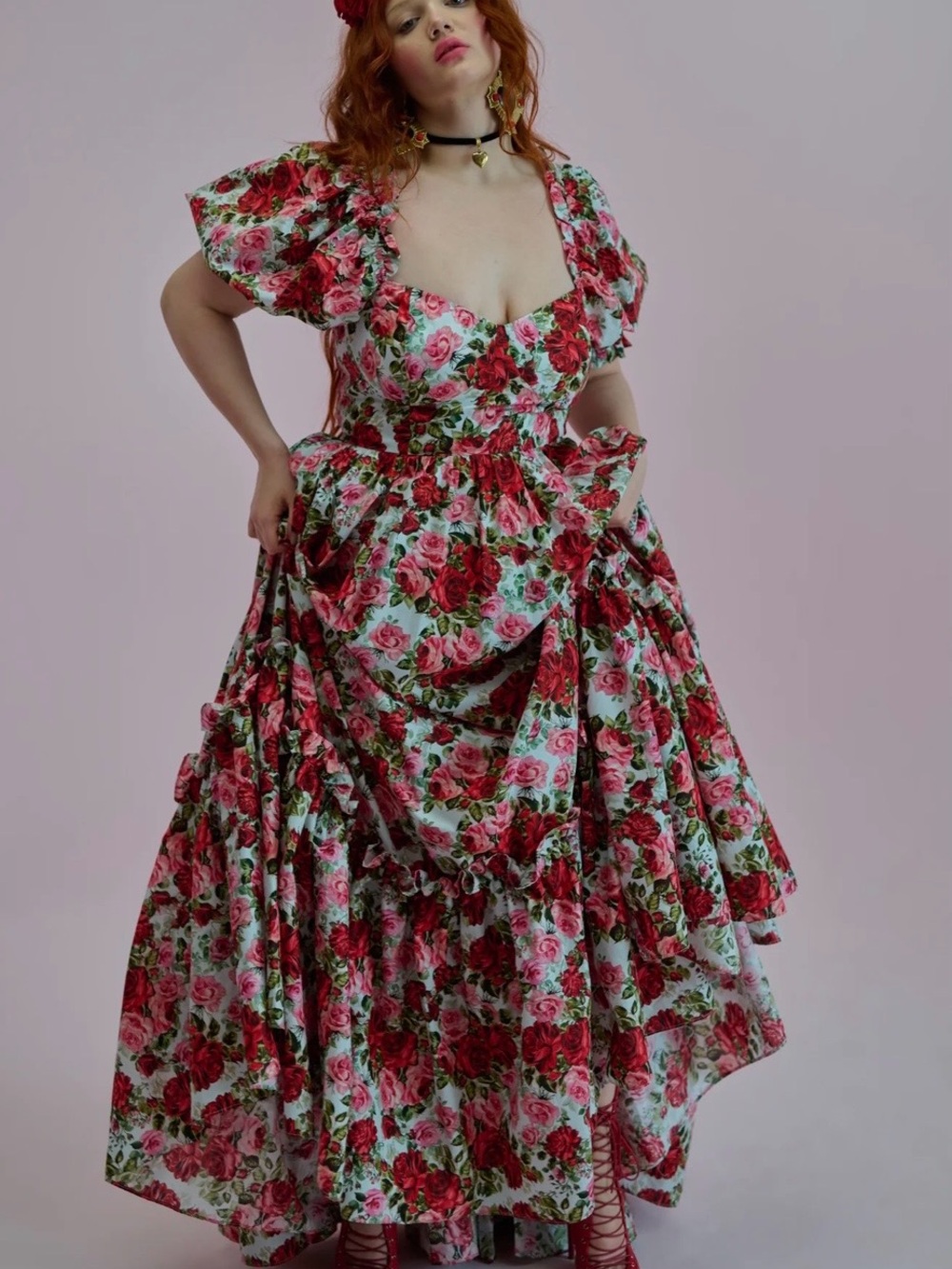 Selkie Pink & Red Rose Print Puff-Sleeve Maxi Dress